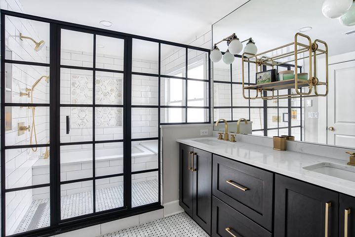 Black & White with Brass Master Bathroom - Summit, NJ